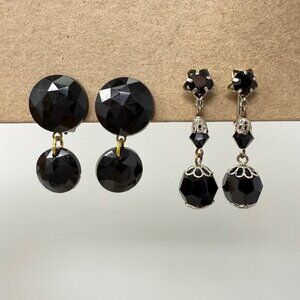 Faceted Black Beaded Vintage Earrings Clip-On Vintage Goth Witchy Dangle 2 sets